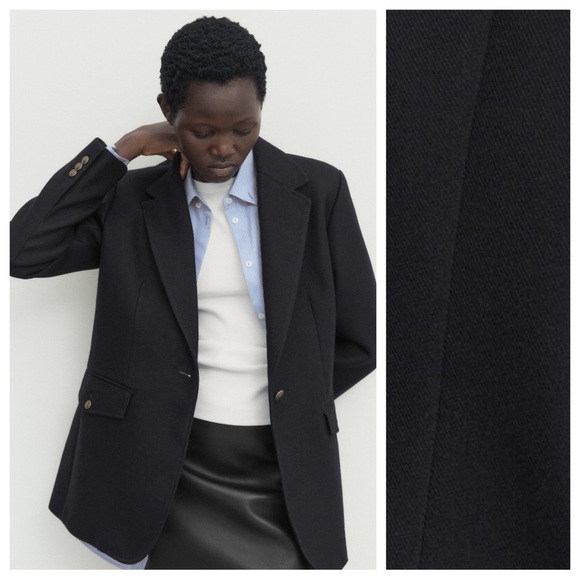 NWT. Massimo Dutti Navy Blue Micro Twill Fabric Blazer with Buttons. Size 2. - Picture 3 of 12